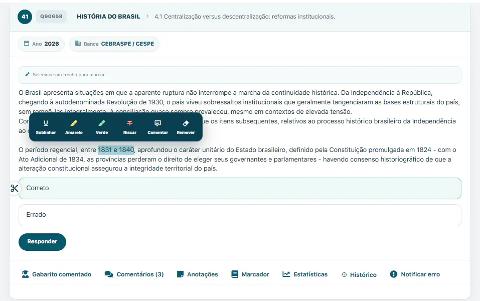 Tela de questões objetivas do AprovaCACD
